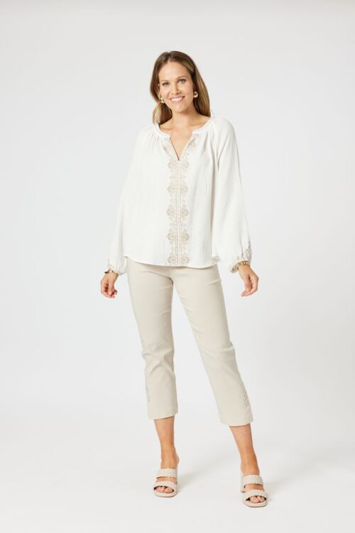 Clarity Cross Stitch White/Natural Embroidered Top 47773