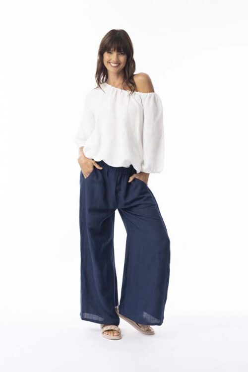 Orientique Linen Navy Wide Leg Pant 76070N