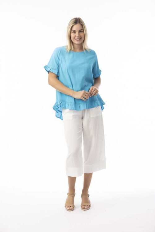 Linen Essential Aqua Frill Top 62771