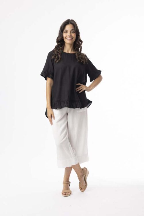 Orientique Essentials Black Linen Frill Top 62771