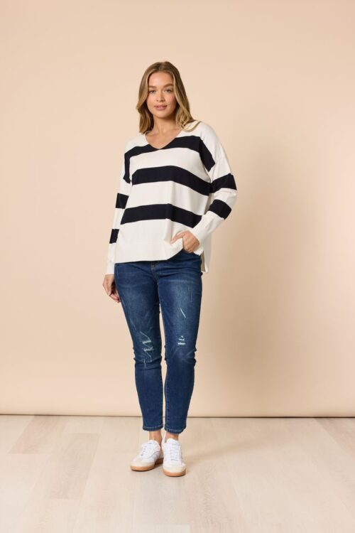 Threadz Navy & Ivory Crew Stripe Knit 49325