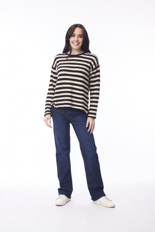 Orientique Round Neck Knit Stripe Top Black/Natural 1328