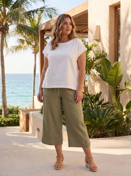 Orientique Ladies Fashion Linen Blend Pant Khaki 6616 